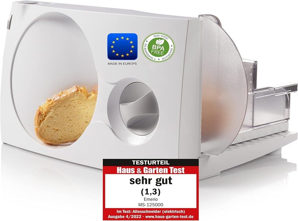 Emerio Allesschneider „Made in EU“ MS-125000, Edelstahlklinge hergestellt in Deutschland, verstellbar 0-17 mm, 100 W Aktenvernichter und Allesschneider Naty Shop Single White
