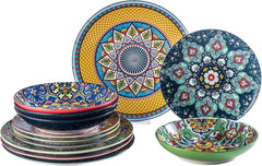 Set de veselă din porțelan HENXFEN LEAD, set de veselă cu 12 piese pentru 4 persoane, set de veselă colorat pentru 4 persoane - farfurii pictate manual, farfurii de desert, farfurii de supă - stil boem
