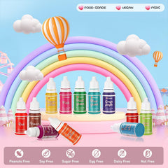 Set coloranți alimentari lichizi, 18 culori x 10 ml, coloranți alimentari foarte concentrați pentru copt torturi, fursecuri, macaroane, decorare torturi, ouă de Paște, fondant, aluat, slime DIY, săpunuri, accesorii de copt