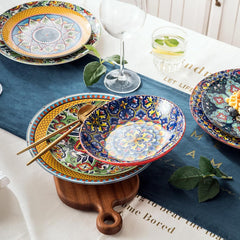 Set de veselă din porțelan HENXFEN LEAD, set de veselă cu 12 piese pentru 4 persoane, set de veselă colorat pentru 4 persoane - farfurii pictate manual, farfurii de desert, farfurii de supă - stil boem