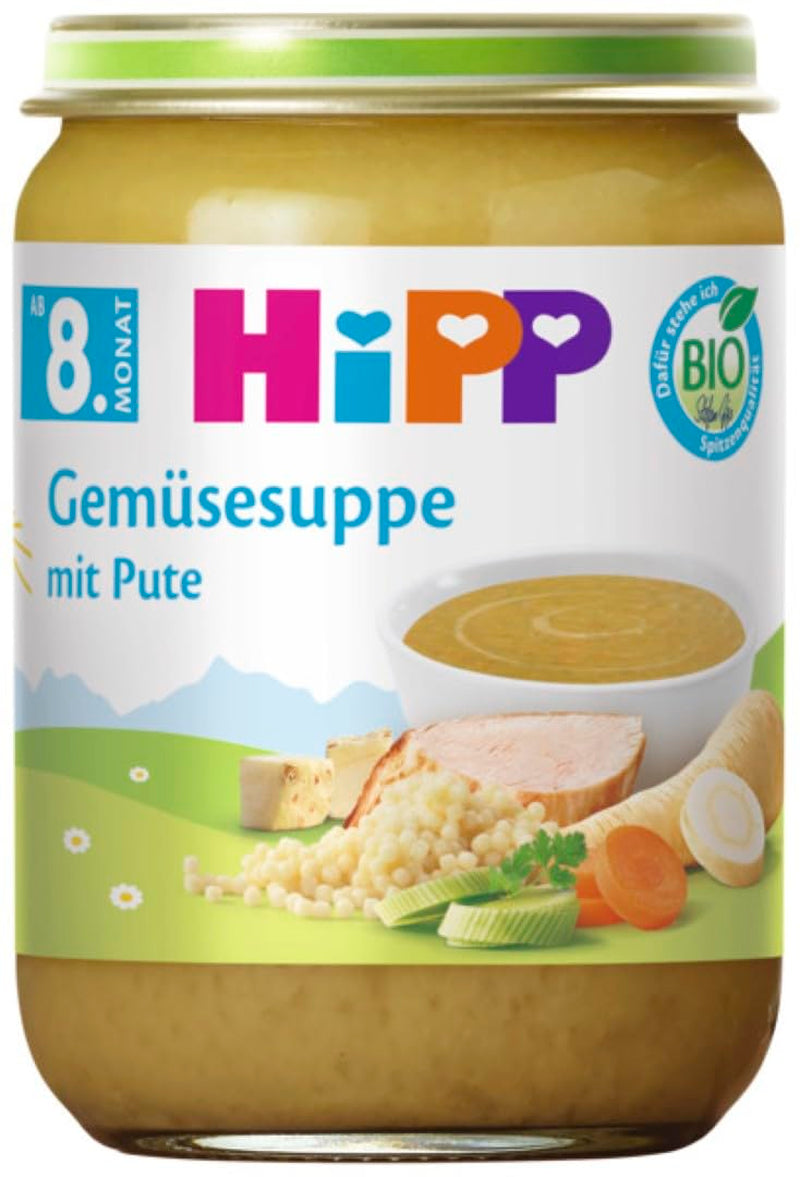 Supă de legume cu curcan HiPP Bio (6 x 190g), de la 8 luni, fără sare adăugată, cu Omega-3, de cea mai bună calitate organică