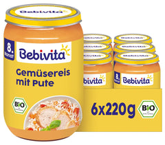 Mese de la 8 luni: Orez cu legume și curcan fraged, 220g, pachet de 6 (6x220g)