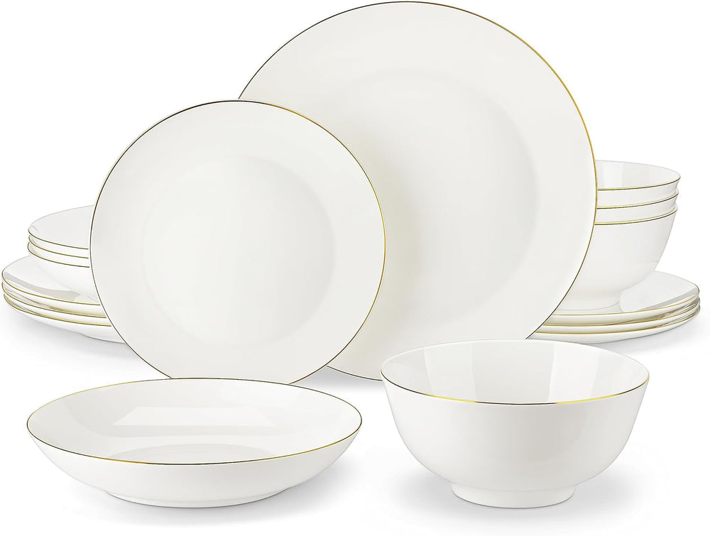 Set de veselă MALACASA pentru 4 persoane, set de veselă din porțelan os, format din 16 piese, set combinat rotund alb cu margine aurie, cu 4 farfurii de cină, 4 farfurii de desert, 4 farfurii de sumă și 4 boluri pentru cereale, seria NORI
