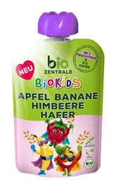 Biozentrale Biokids Fruchtpüree Äpfel Bananen Himbeeren Hafer | 12X90G | Fruchtsnack ohne Zuckerzusatz | Veganer Naty Shop für Mutter und Kind
