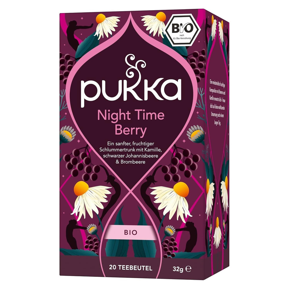 Pukka | Ceai de fructe bio „Night Time Berry” | Mușețel, coacăze negre și mure | Ceai pentru o seară relaxantă | Fără cofeină | Pachet de 1 | 20 pliculețe de ceai