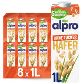 Alpro Haferdrink ohne Zucker – Milchalternative auf Haferbasis – Vegan und laktosefrei – Reich an Ballaststoffen, Kalzium und Vitaminen – 8 x 1 L