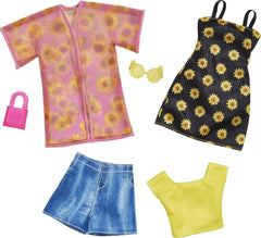Barbie Fashions 2er-Pack, 2 Outfits & 2 Accessoires: Hemd, Shorts & Kimono, ärmelloses Sonnenblumenkleid, Geldbörse & Sonnenbrille, Kinder ab 3 Jahren