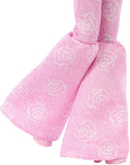 Barbie Deluxe Style-Puppe Nr. 12 in rosa bauchfreiem Denim-Oberteil mit ausgestellten Jeans mit aufgedruckten Rosen, gewellte braune Haare, Zubehörteile wie Rosen-Handtasche und Schmuck,JJN72