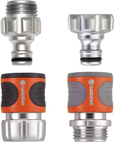 Gardena 39042-M Set de pornire cu cuplaj rapid metalic pentru furtunuri de grădină, cuplaje rapide și accesorii în câteva secunde, 4 piese, inclusiv adaptoare anti-scurgere pentru ștecher și priză