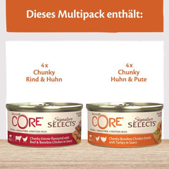 Wellness CORE Signature Selects 8 x 79g, Mix Vită, Pui și Curcan – Hrană umedă pentru pisici, fâșii delicioase în sos, fără cereale, naturală, hipoalergenică, bogată în proteine, conținut ridicat de carne