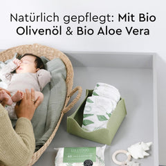 Șervețele umede LILLYDOO verzi, 600 bucăți (10 x 60), șervețel 100% fără plastic, rezistent la rupere - fără parfum, delicate și naturale, curățare delicată pentru pielea sensibilă, testate dermatologic