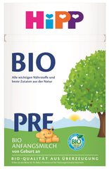 Lapte pentru sugari organic HiPP PRE (4 x 600g), de la naștere, conține doar lactoză ca și carbohidrat, de cea mai bună calitate organică