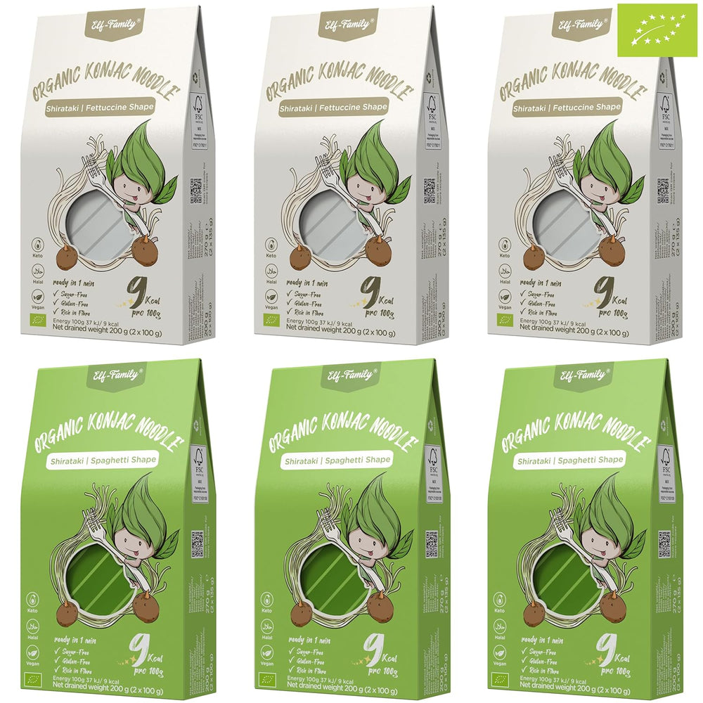 Elf-Family 6 Cutii (12 buc.) Tăiței Konjac Organici Ultra Low Carb Shirataki Vegani Fără Gluten - 1,62 kg, Tăiței Instant fără carbohidrați/Keto/Scăzuți în calorii/Fără grăsimi/Fără zahăr - Spaghete și Fettuccine