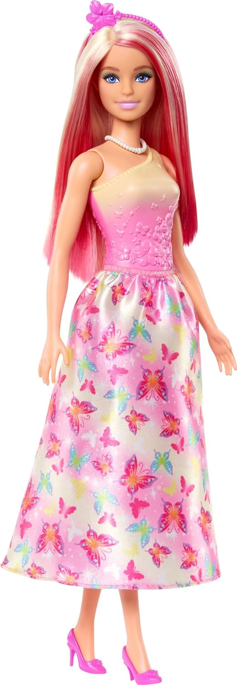 Königliche Barbie-Puppe mit ausgefallenen blonden und rosa Haaren, bunten Accessoires, rosafarbenem Oberteil und Schmetterlingsrock, HRR08 Naty Shop Dolls-Standardtitel