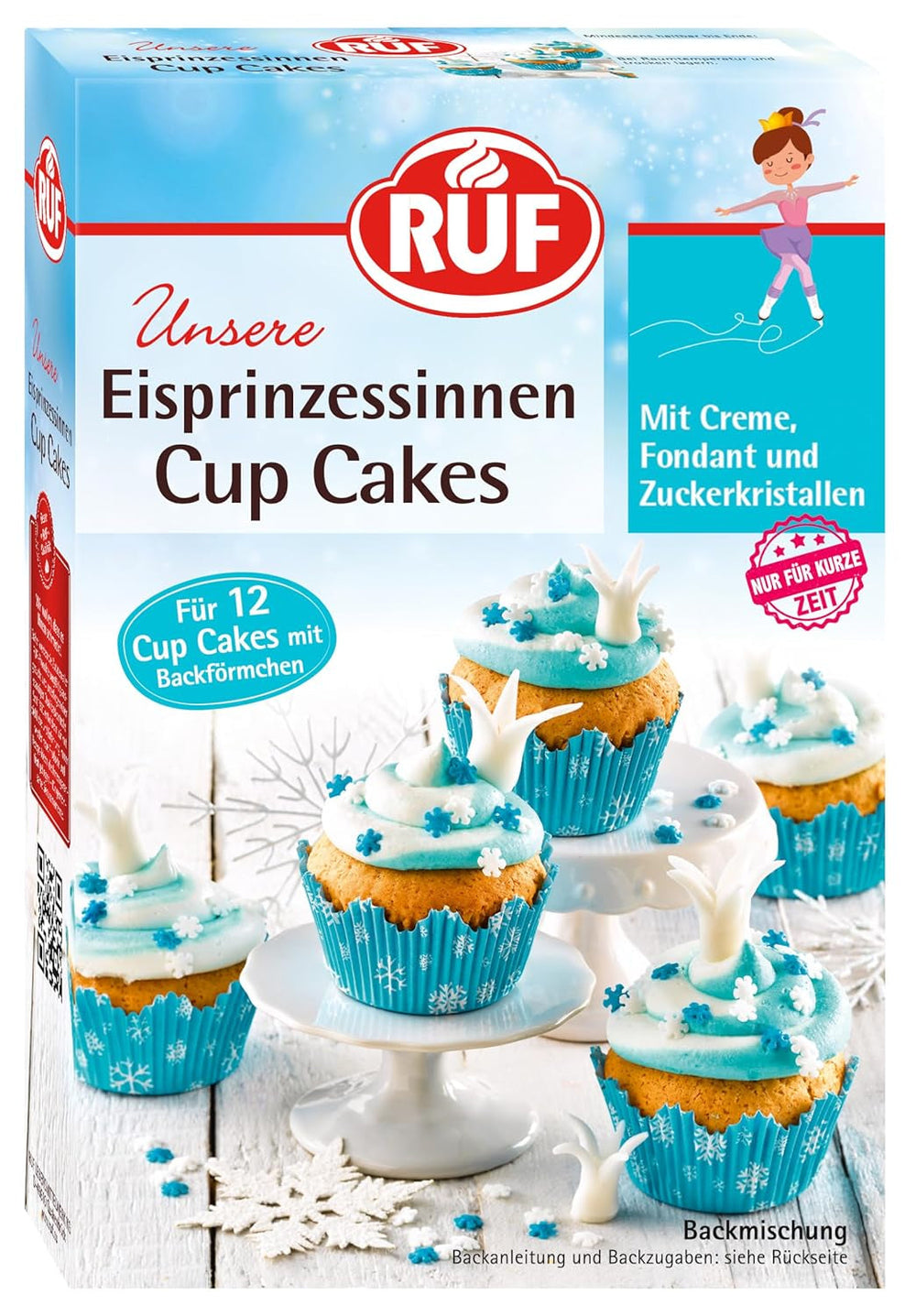 RUF Cupcakes Für Eis-Prinzessinen Und Prinzen, Mit Torten-Creme in Eisblau, Zucker-Eiskristallen Und Fondant Für Zuckerkronen, Inkl. 12 Backförmchen, 1 X 391G Glasuren und Dekor Naty Shop 365 G Eisprinzessin