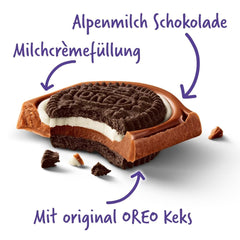 Sandwich Milka Oreo – Ciocolată cu lapte alpină, umplută cu bucățele crocante de biscuiți Oreo și cremă fină de vanilie – 92g