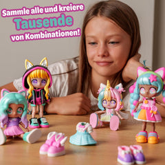BANDAI - Animakii Einhorn und Fledermaus - Set Personalisierbare Puppen - 1 Puppe, 4 Gesichter, 2 Frisuren, 2 Outfits, 2 Paar Schuhe - Kreatives Spielzeug ab 5 Jahren - HEA26348