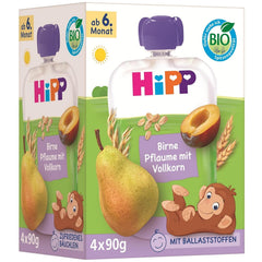 Pliculețe HiPP Organic cu pere și prune, cu cereale integrale, 16 bucăți (4 pachete a câte 4 x 90g fiecare), pentru bebeluși de la 6 luni, fără zahăr adăugat, vegane, de cea mai bună calitate organică