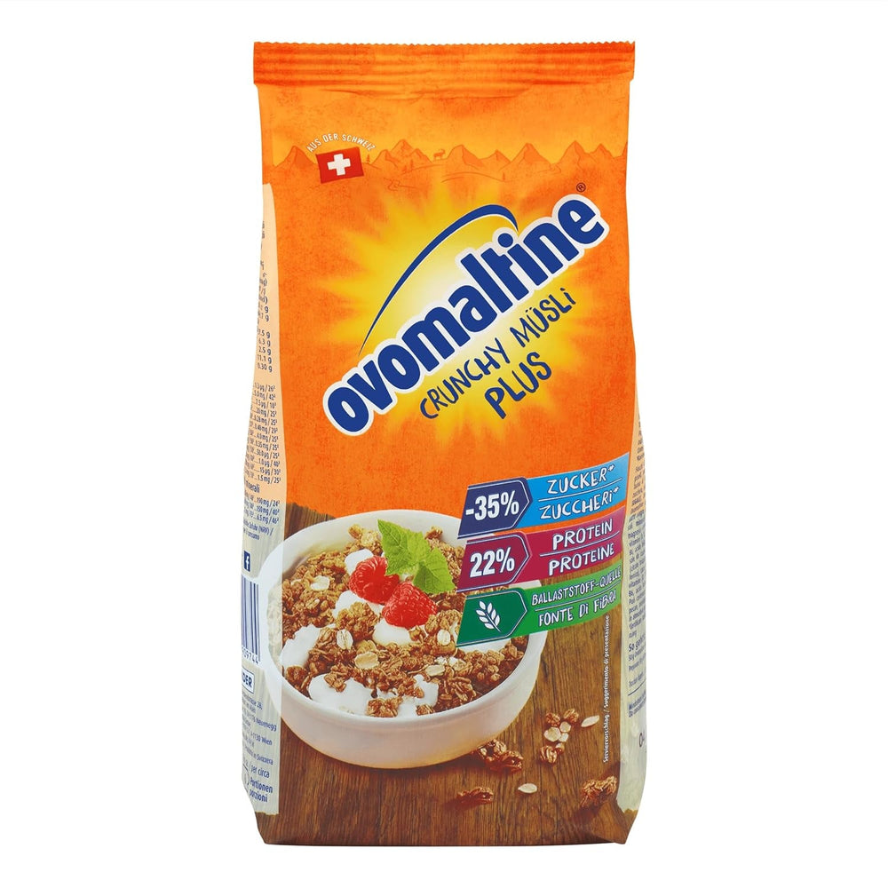 Ovomaltine Crunchy Protein Muesli Plus - Mix crocant de cereale cu fulgi de ovăz, care conține 22% proteine, cu o treime mai puțin zahăr și o crocanță incomparabilă (1 x 300g)