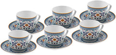 KARACA Beylerbeyi - Set de cești de cafea turcească, 12 piese, Set de 6 cești de espresso din porțelan cu farfurioare, Set de cești de espresso de 80 ml, Design tradițional - Albastru