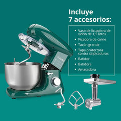 Küchenmaschine - 7 Zubehörteile: Mixbecher, Fleischwolf, Große Schüssel, Schutzdeckel, Schneebesen, Mixer Und Netmaschine - Farbe: Grün - Fassungsvermögen: 6 Liter Mutter und Kind Naty Shop