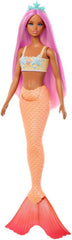Păpușă Barbie Sirenă cu Păr și Bentiță Roz Fantezie, Păpușă cu Stea de Mare în Vârf și Înotătoare Codală Portocalie Moale, HRR05