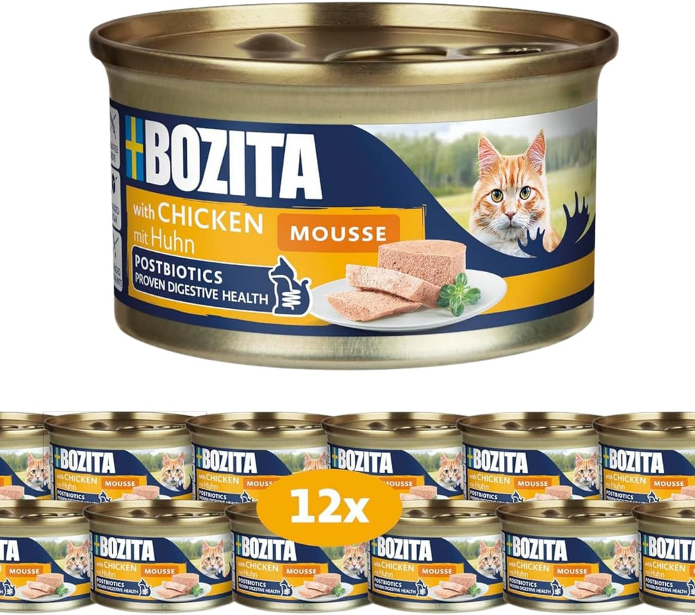 Bozita Mousse Chicken – 12 x 85 g hrană umedă pentru pisici cu textură fină de mousse și pui – rețetă fără cereale, fără zahăr adăugat – cu postbiotice pentru a susține o floră intestinală sănătoasă