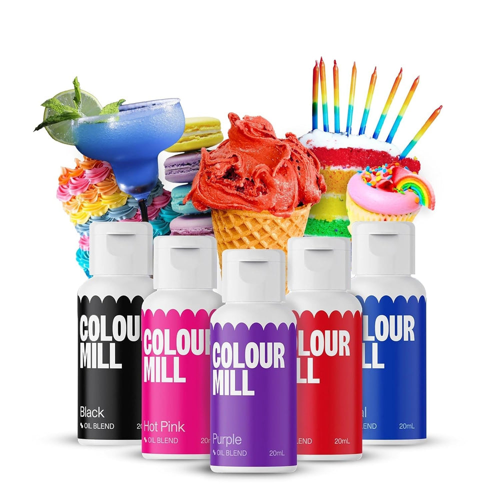 Set coloranți alimentari lichizi Colour Mill – 5 x 20 ml pe bază de ulei (negru, roz aprins, violet, roșu și albastru) – rezistenți la UV – perfecți pentru copt și ca accesoriu pentru torturi, brioșe și decorațiuni de torturi