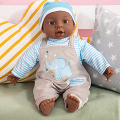 Bayer Design 94001AH Funktionspuppe, Babypuppe Interaktiv, Junge, sprechend, weicher Körper, 40 cm, dunkelhäutig, Blau