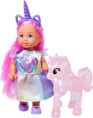 Simba Evi Love Unicorn, Spielpuppe trägt EIN süßes Einhornkleid mit passendem Haarreif, inkl. Einhorn mit Stall, Äpfeln und Trinkflasche, 12cm, ab 3 Jahren