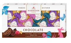 Niederegger | Ouă de ciocolată | 1 x 100g | Ouă de ciocolată cu arome de fructe de pădure roz, napolitană crocantă și ciocolată dublă | Învelite în ciocolată neagră și cu lapte | Cadou de Paște | Ouă de ciocolată