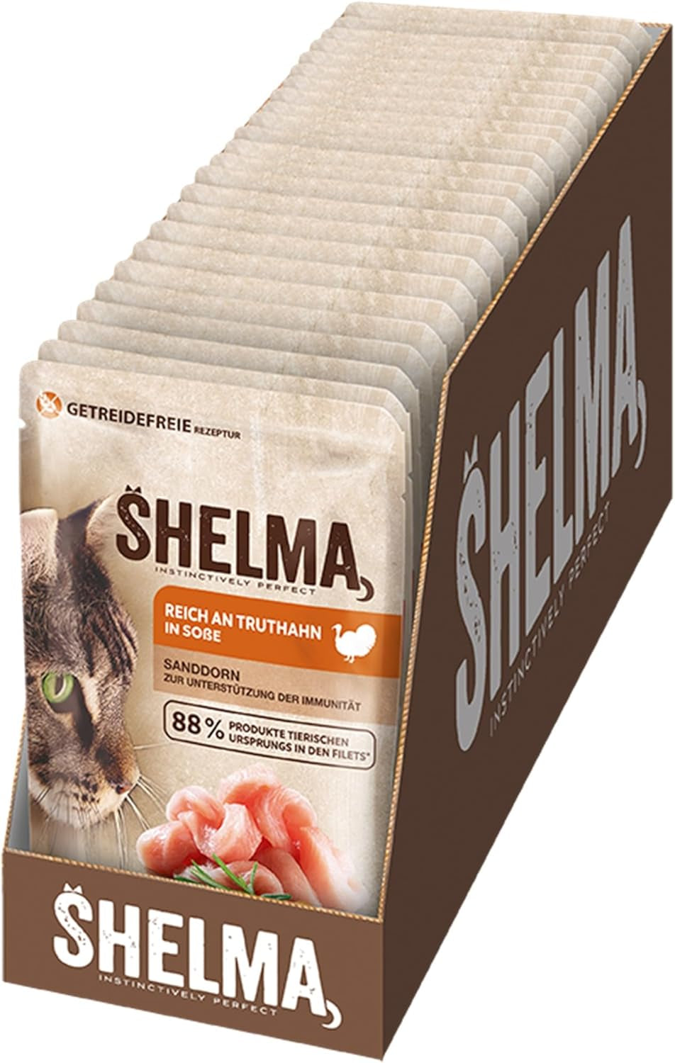 Hrană umedă pentru pisici Shelma cu curcan în sos cu roșii și ierburi – Hrană completă fără cereale cu conținut ridicat de carne – 28 x 85 g (2,38 kg)