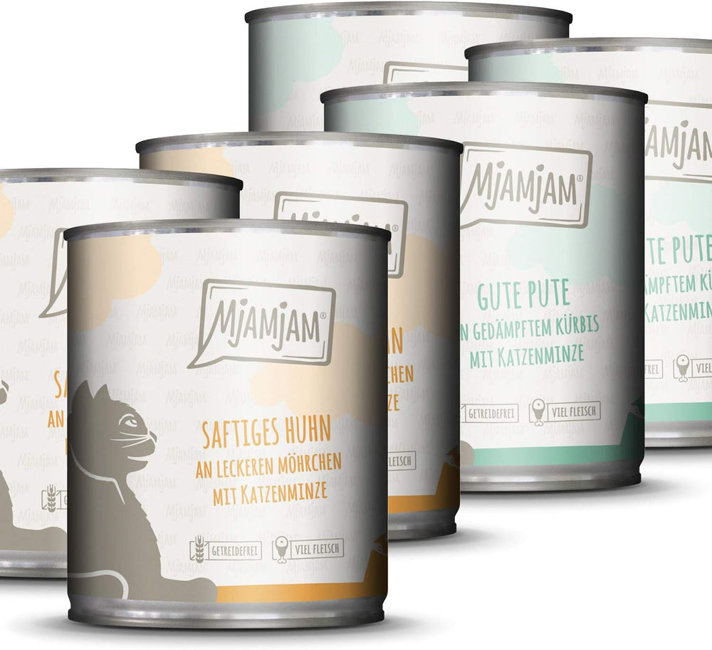MjAMjAM - Hrană umedă premium pentru pisici - Monopack I - cu pui și curcan, pachet de 6 (6 x 800 g), fără cereale cu carne suplimentară