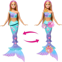 Barbie Meerjungfrauen-Spielzeugpuppe mit magischer Überraschungsblüte, Schwanzflosse mit Farbverlauf, perlenbesetztem Haarreif und langem blonden Haar mit rosa Strähchen, JDM72