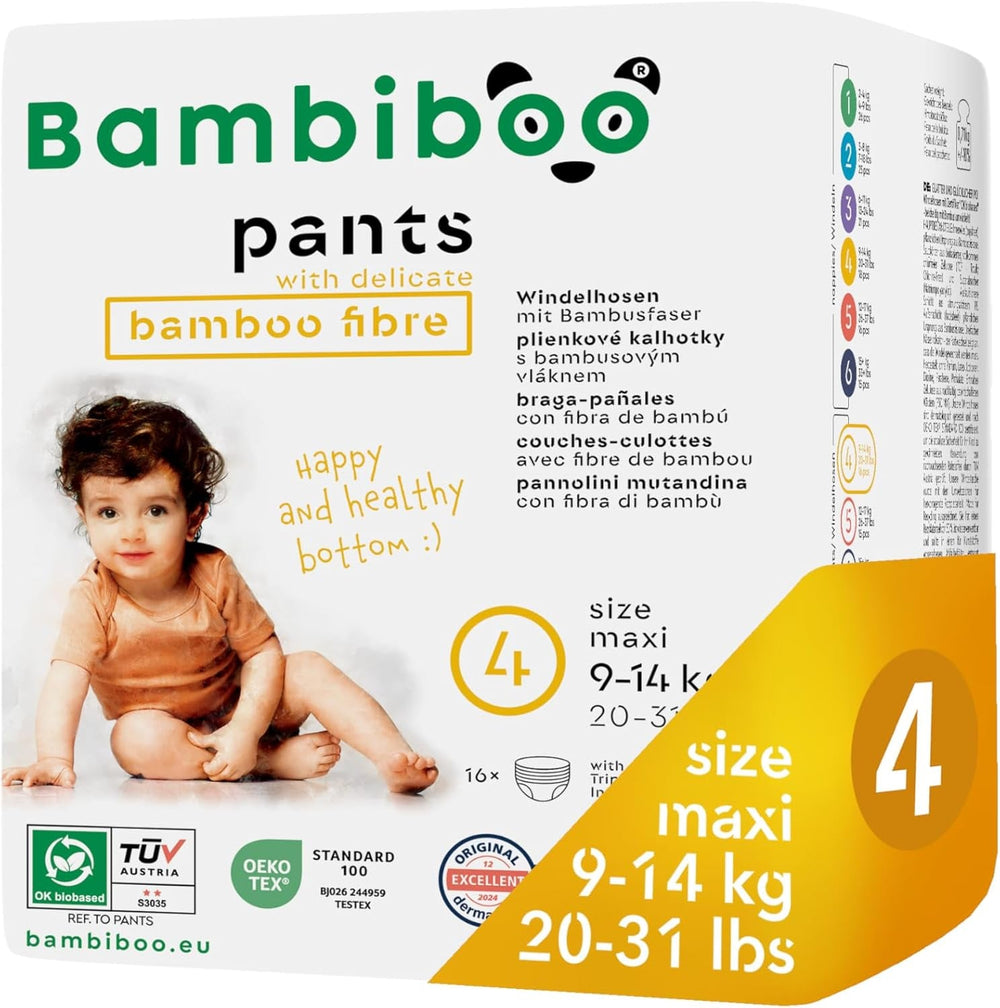 Scutece de unică folosință Bambiboo, prietenoase cu pielea, cu fibre fine de bambus - Chiloți pentru scutece pentru bebeluși - Huse de scutece de unică folosință - Protecție pentru pielea sensibilă - Foarte absorbante - Mărimea 4 (Maxi), 16 bucăți