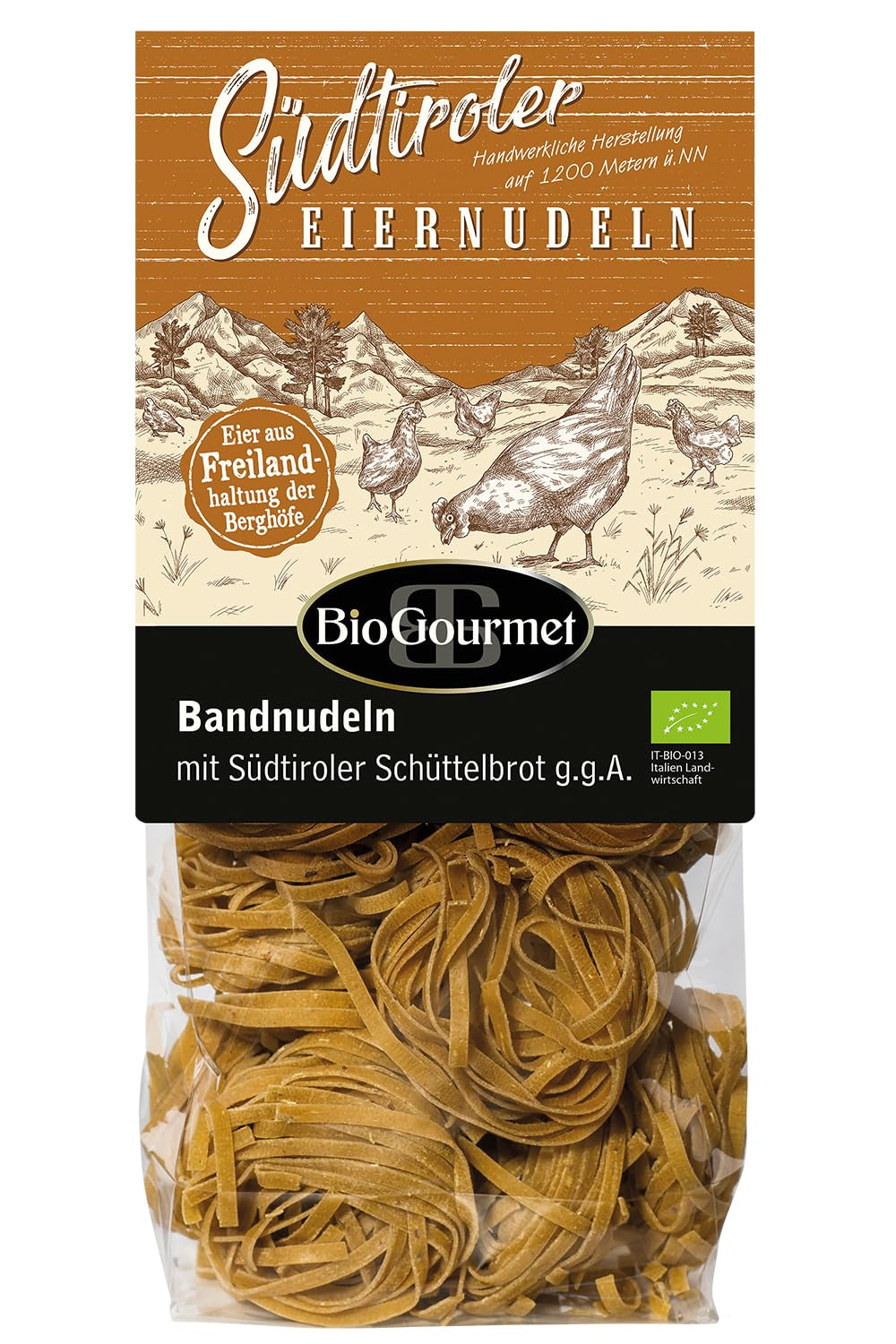 BioGourmet Bandnudeln mit Schüttelbrot aus Südtirol (g.g.A.) | Gesalzene und aromatisierte Eiernudeln mit echtem Südtiroler Speck | 1 x 250g Bio