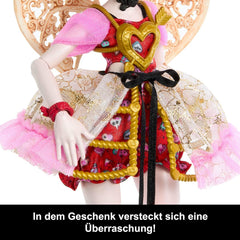 Păpușa Monster High Scary Sweet Birthday, Cupid Asteria, într-o rochie de petrecere roz și roșie, cu accesorii tematice precum invitație, balon, cadou și multe altele, JBG77