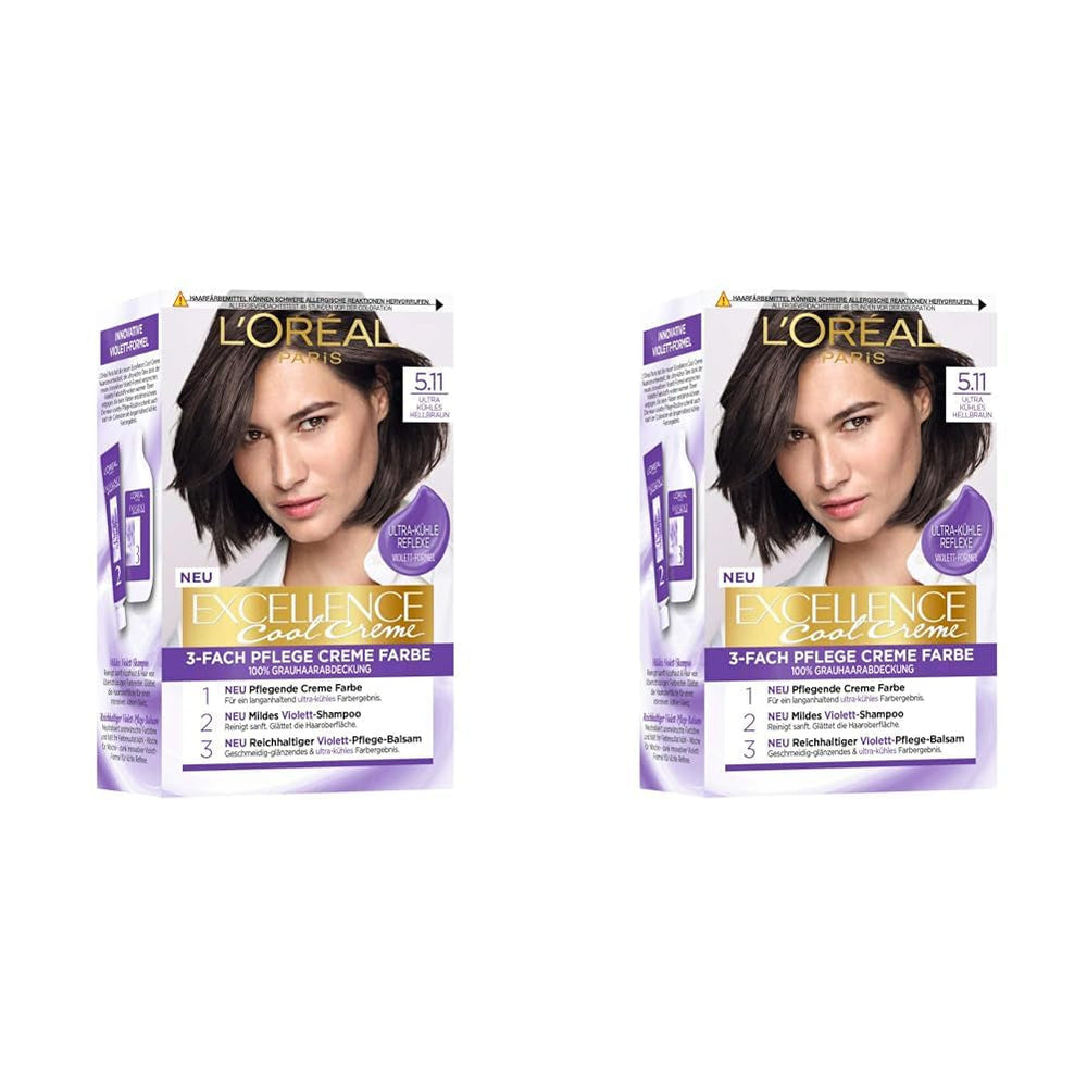 L'Oréal Paris Vopsea de păr permanentă cu rezultat de culoare ultra rece, acoperire 100% a părului gri, set cu colorant, șampon și cremă de îngrijire, Excellence Cool, nr. 5.11 Light Brown (Brown) (pachet de 2) Vopsea pentru par Naty Shop Titlu implicit