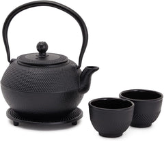 Set de ceai japonez Juvale cu ceainic din fontă (1200 ml), farfurie și 2 căni, set de ceai în stil Tetsubin, negru