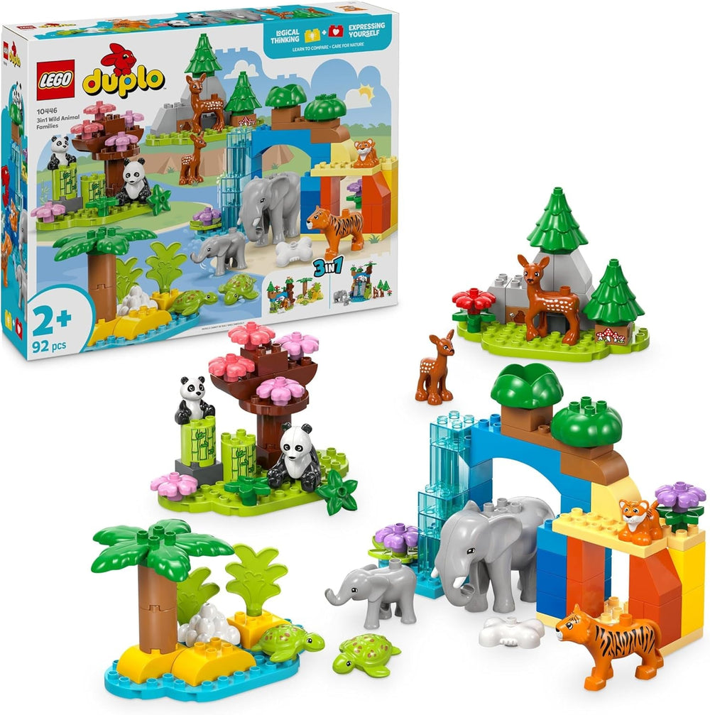LEGO DUPLO Town Wildtier-Familien 3-in-1 Set - Lernspielzeug für Kleinkinder mit Tierfiguren - Montessori Spielzeug ab 2 Jahren mit Schildkröte, Tiger, Elefant, Hirsch & Panda Figuren - Geschenk 10446