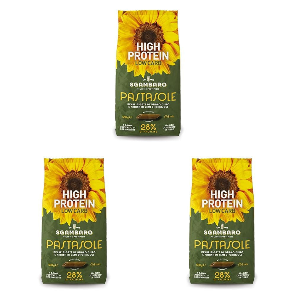 PASTASOLE, Penne Rigate cu griș de grâu dur din 100% cultivat în Italia și făină de semințe de floarea-soarelui - 500g - Bogat în proteine, conținut scăzut de carbohidrați, conținut ridicat de fibre (Pachet de 3)