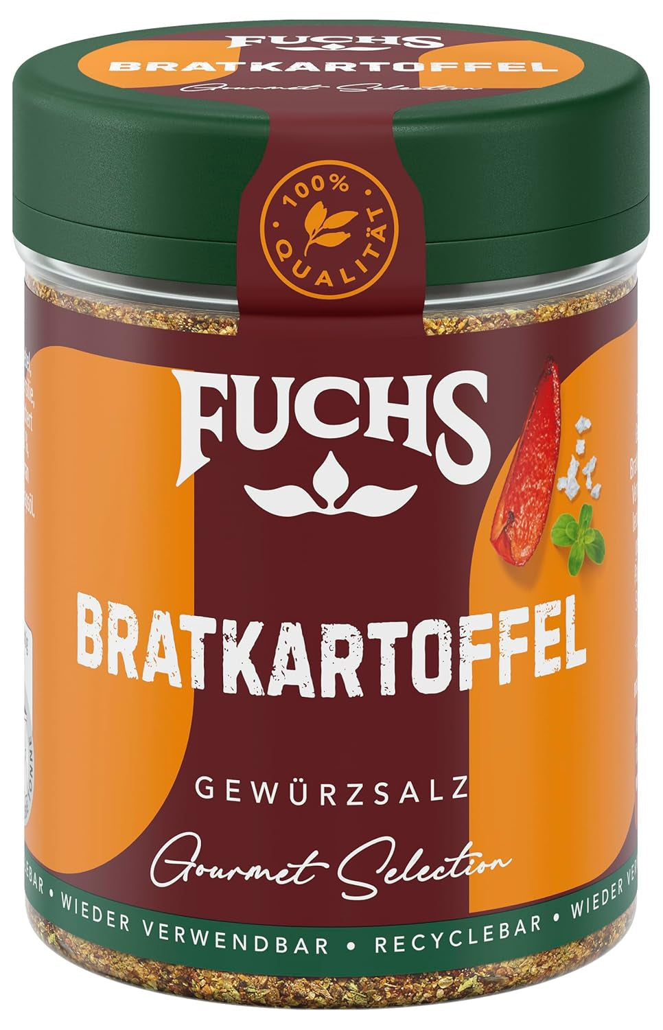 Fuchs Gourmet Selection Klassisch/Heimisch – Bratkartoffel Gewürzsalz, nachfüllbares Kartoffel Gewürz, Salz zum Würzen von Brat- & Ofenkartoffeln, Pommes Frites & Co, vegan, 70 g