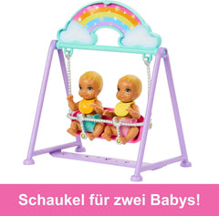 Păpușa și căsuța Barbie Skipper cu accesorii, include păpuși gemene, 1 pătuț, 1 leagăn, 1 balansoar și multe altele, HXM99