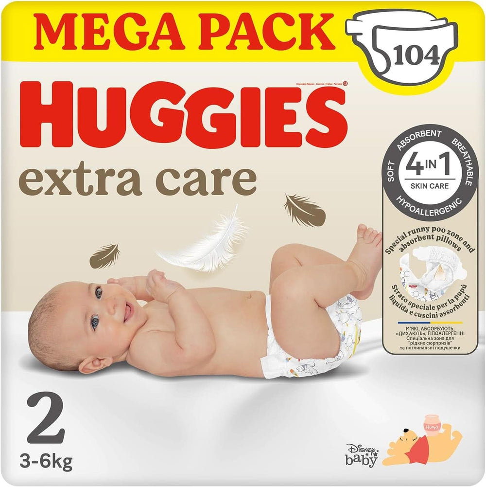 Huggies Extra Care Bebè, Windeln Größe 2 (3-6 kg), sehr saugfähig, Disney-Design, Megapack, 104 Stück Mutter und Kind Naty Shop