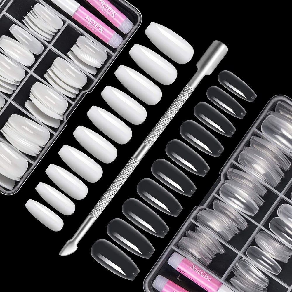 200 bucăți vârfuri de unghii false, 10 mărimi unghii artificiale acrilice cu împingător de cuticule și cutie transparentă pentru femei și fete (naturale și transparente)