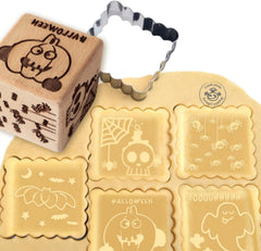 ScrapCooking – Ștampilă din lemn pentru patiserie cu modele de Halloween – cu 1 formă de biscuiți și formă de cub cu 5 fețe gravate în relief – 5298