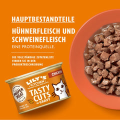 Bucătărie Lily's, preparată cu ingrediente naturale, bucăți delicioase în sos cu pui, hrană umedă pentru pisici adulte, conservă de 70g