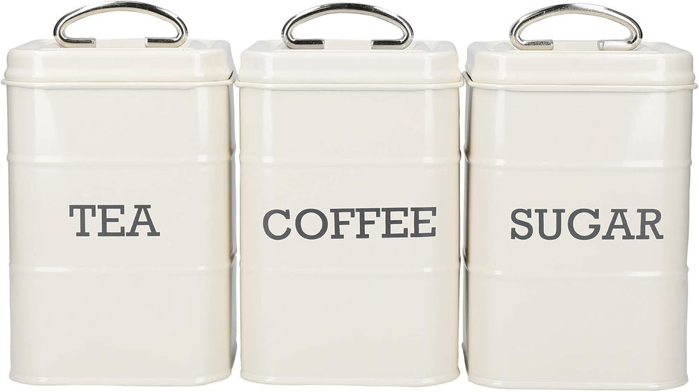KitchenCraft Living Nostalgia set de 3 borcane de depozitare pentru ceai, zahăr și cafea, în cutie cadou, oțel, Antique Cream , 11 cm x 11 cm x 17 cm, Vintage Blue Cutii depozitare alimente Naty Shop Albastru de epocă