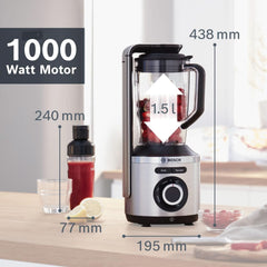 Bosch Vakuum-Standmixer Vitapower Serie 8 MMBV621M, Starke Mixleistung, Vitaminschonende Zubereitung, 4 Automatikprogramme, Vakuum-Togo Flasche, 37.000 U/Min, 1000 W, Silber Mutter und Kind Naty Shop