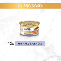 Gourmet Gold Tender Morsels în sos cu legume, hrană umedă pentru pisici cu vițel și legume, pachet de 12 (12 x 85g)